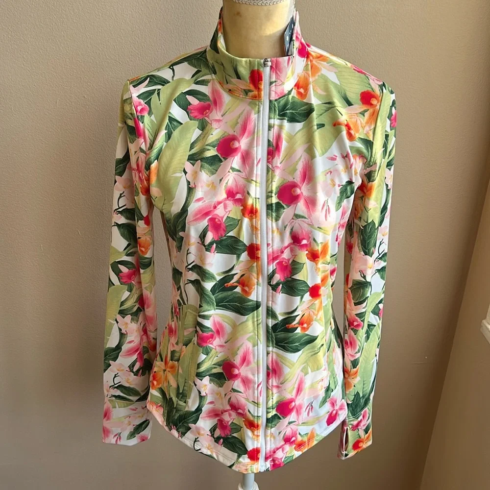Tommy Bahama Women's Full-Zip UPF 50 Golf Beach Shirt Tropical Multi New SZ M - Picture 1 of 3